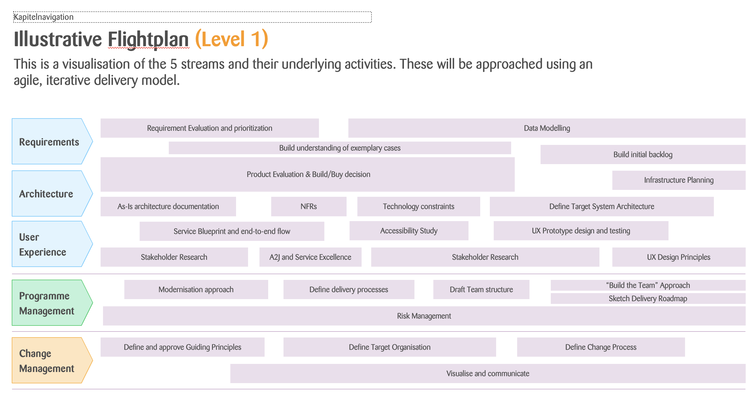 Illustrative Flightplan showing five parallel discovery streams — Requirements, Architecture, User Experience, Programme Management, and Change Management — with activities sequenced across the phase