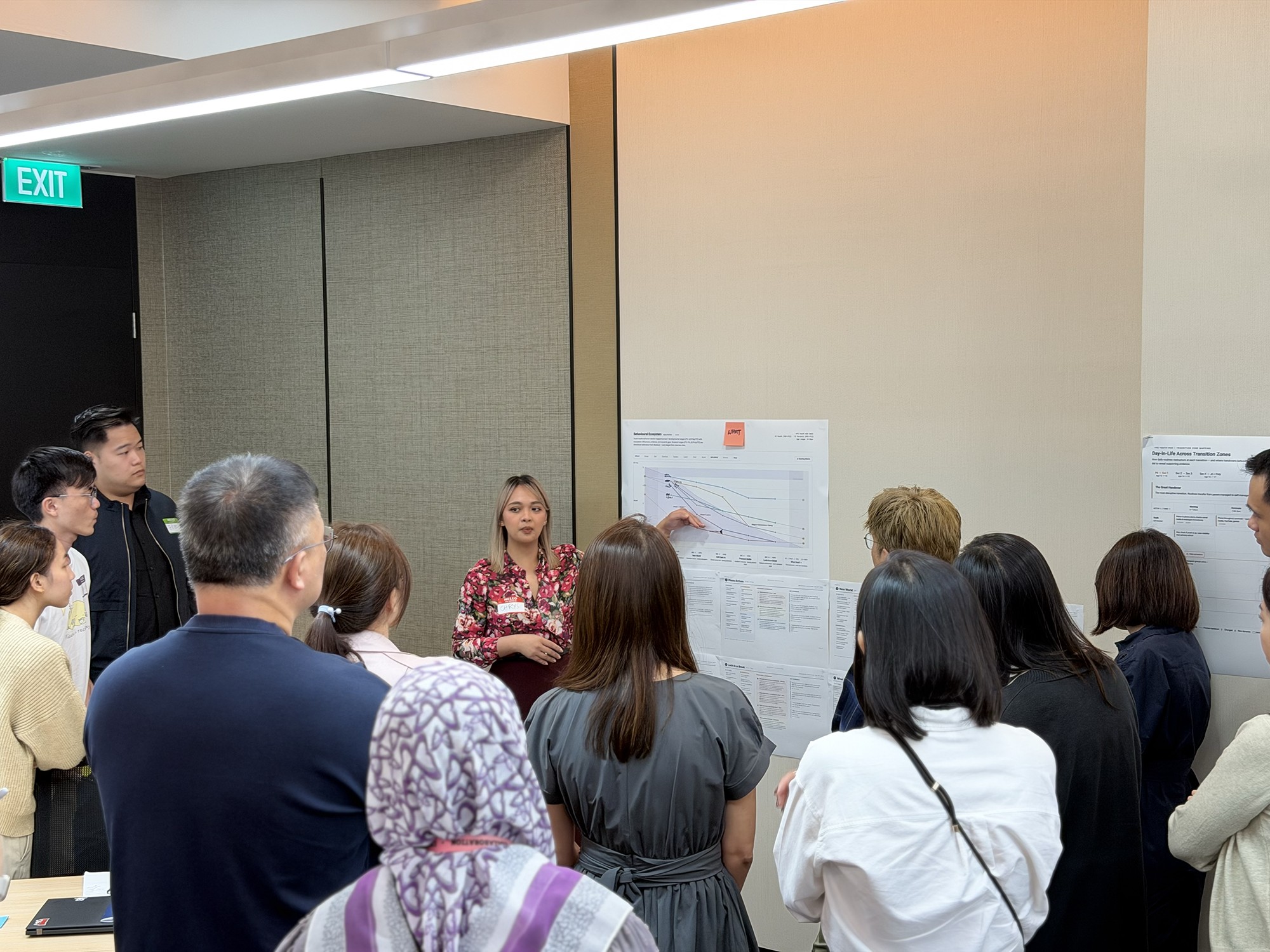 Close-up of participants engaging with wall-mounted frameworks during define phase