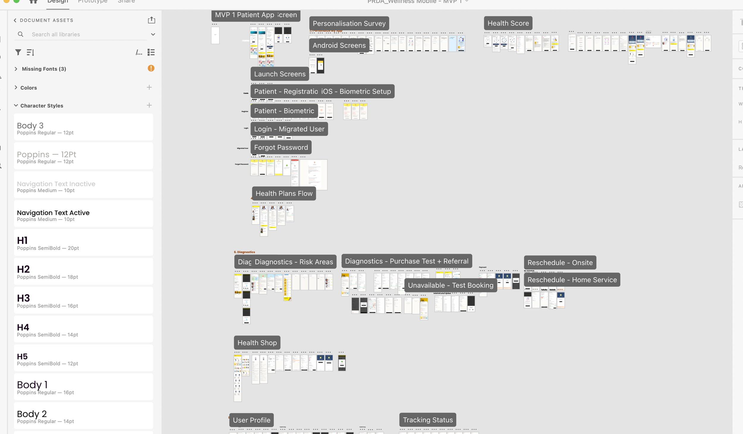Consolidated XD design file — document assets panel showing typography, colours, and organised screen flows