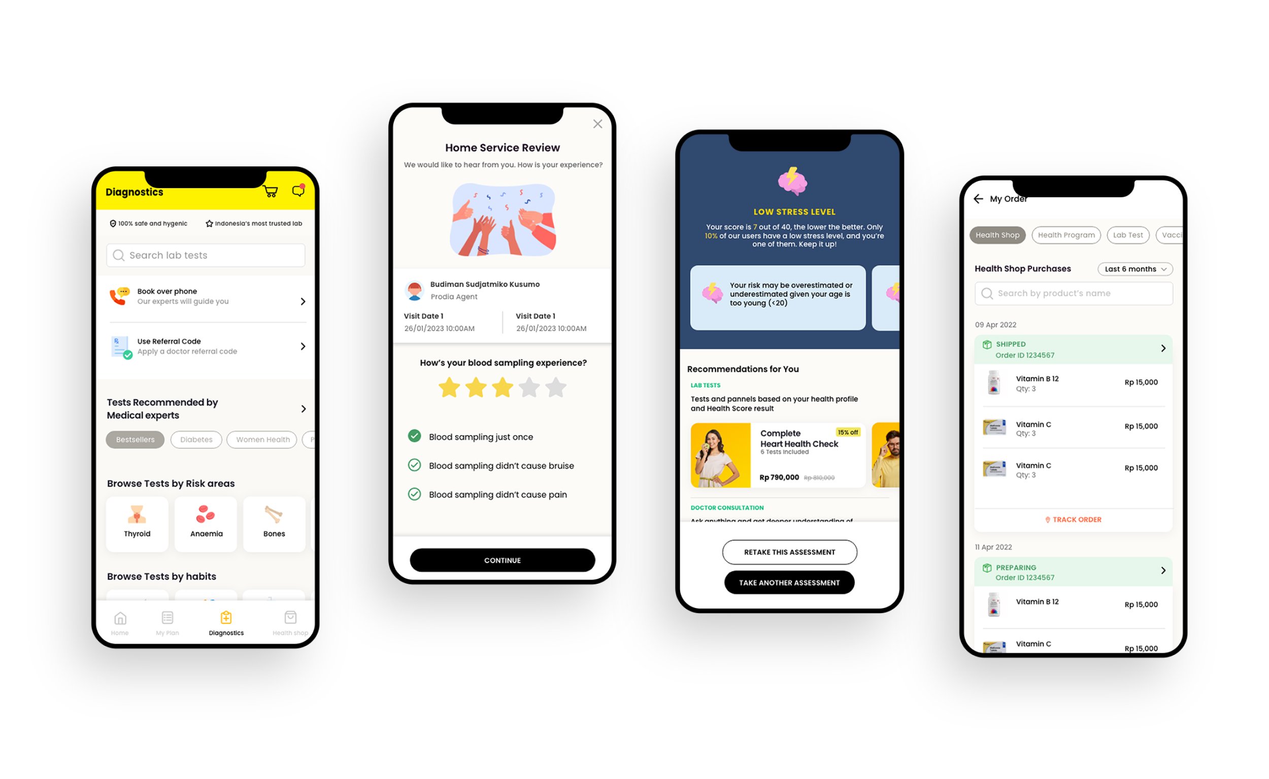 Patient app screens — diagnostics, home service review, health score assessment, and health shop