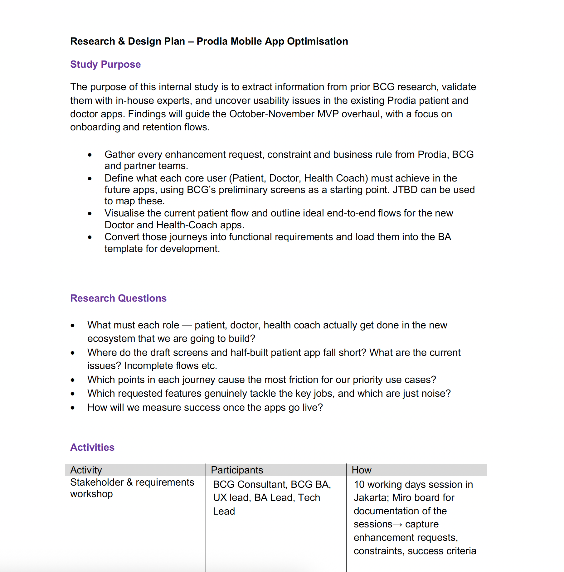 Research and design plan — study purpose, research questions, and activities for the Prodia mobile app optimisation