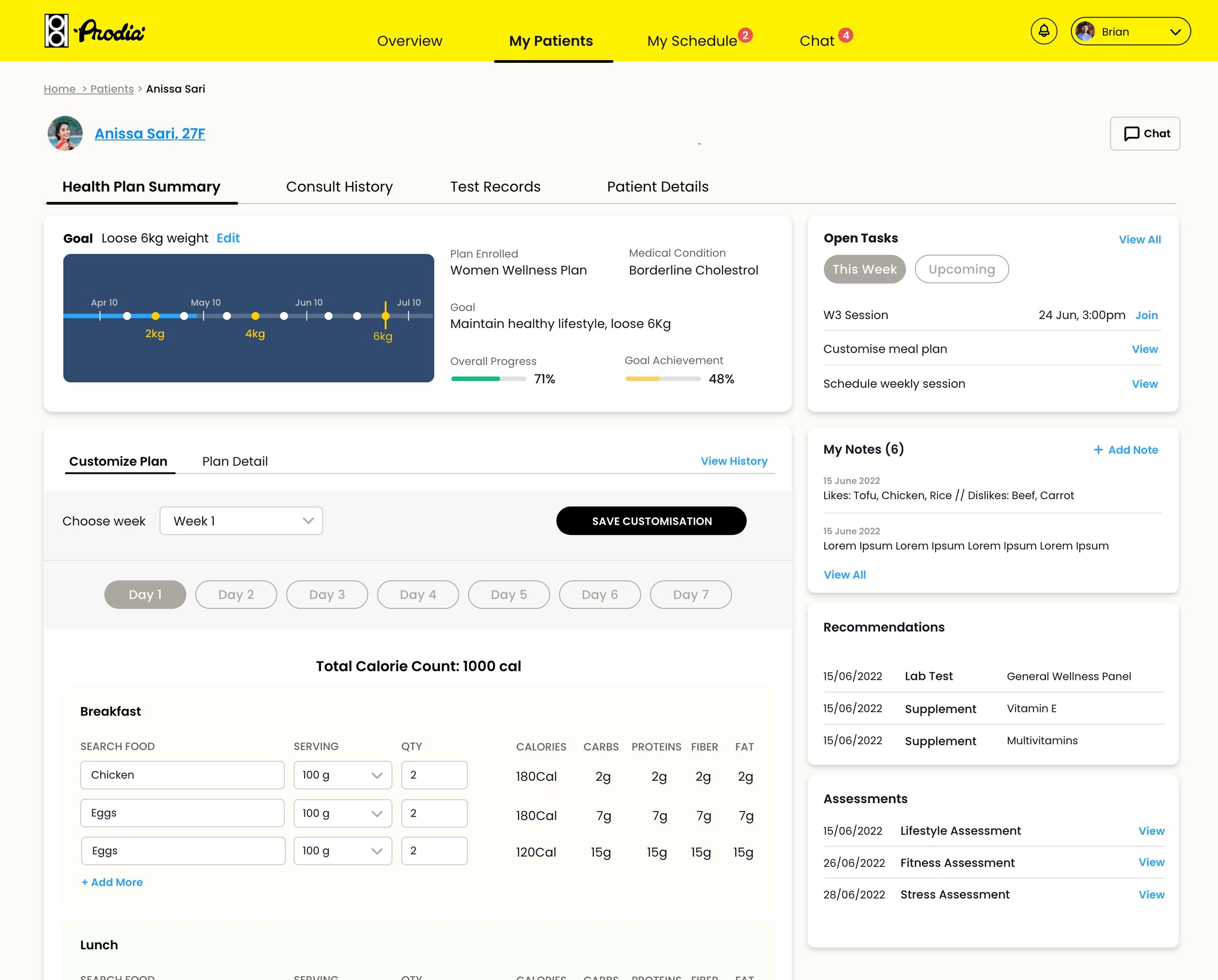 Clinician app — patient detail view with health plan summary, meal plan customisation, tasks, and notes