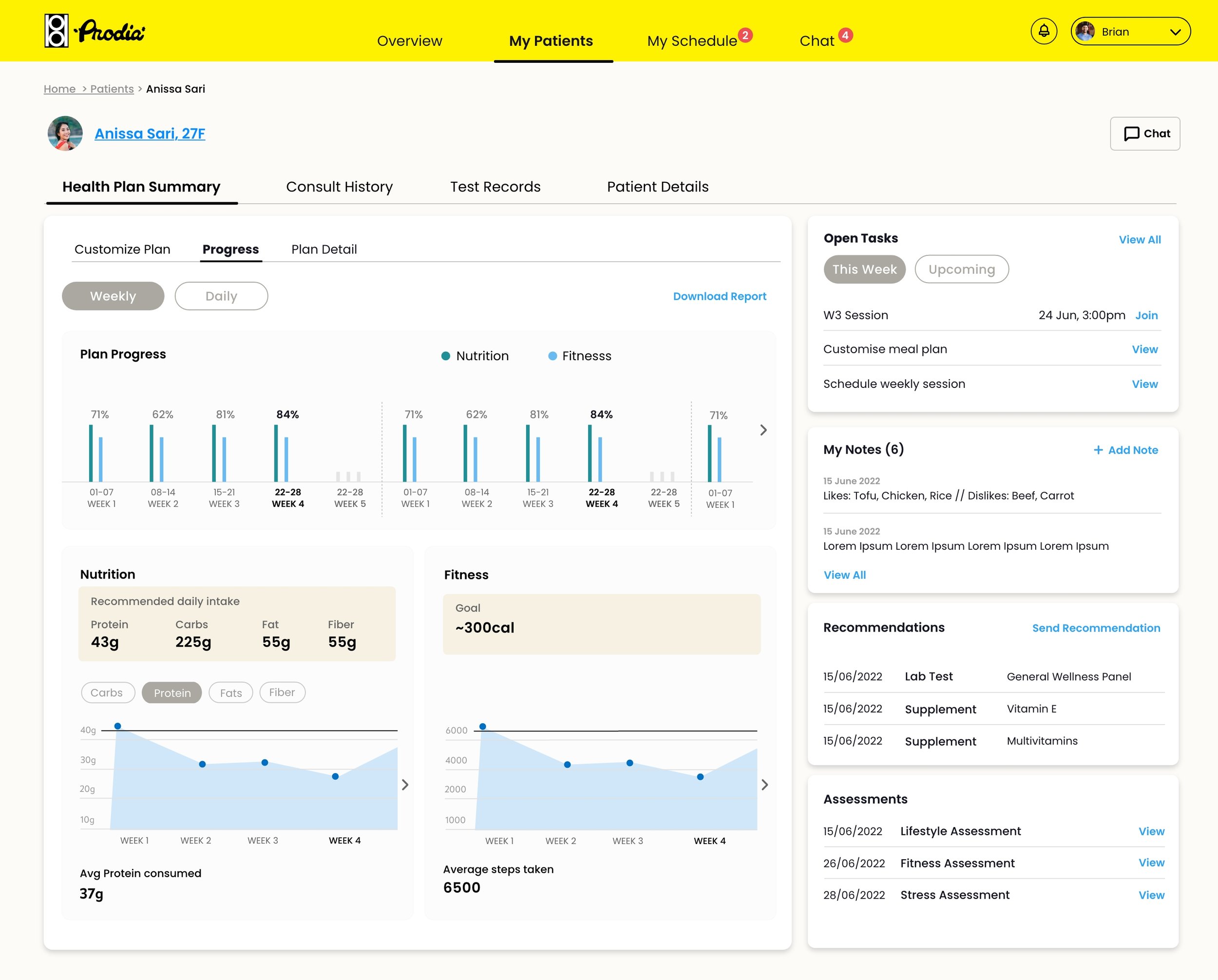 Clinician app — patient progress tracking with nutrition and fitness charts