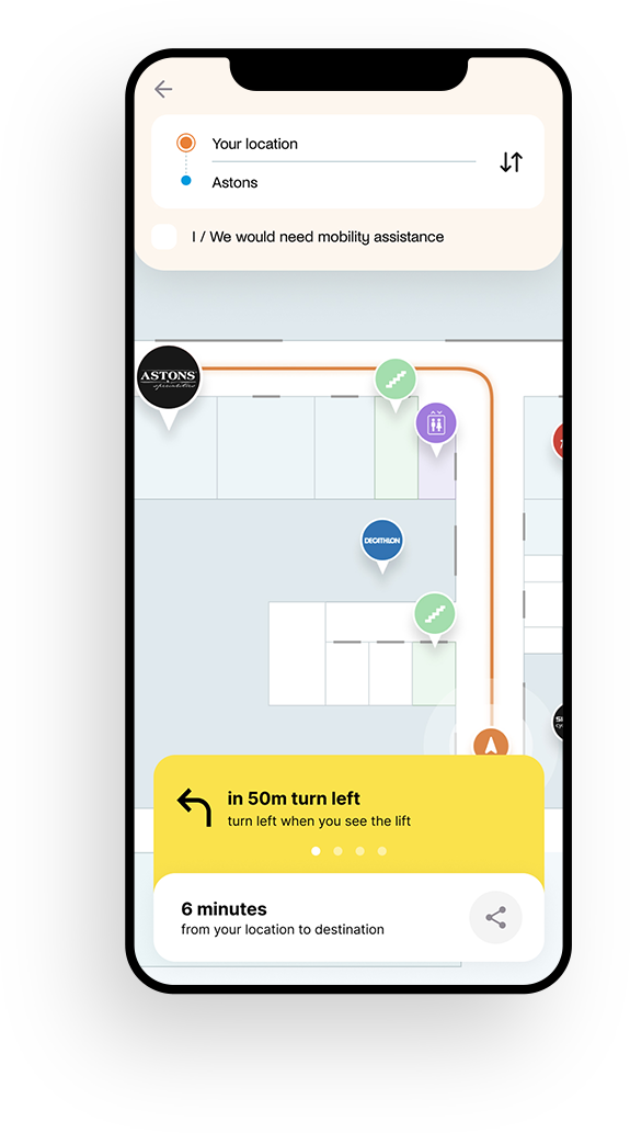 Wayfinding POC — indoor map with turn-by-turn navigation to venue destinations